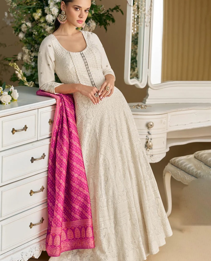 WHITE - White Chikankari Embroidered Wedding Festive Anarkali Gown